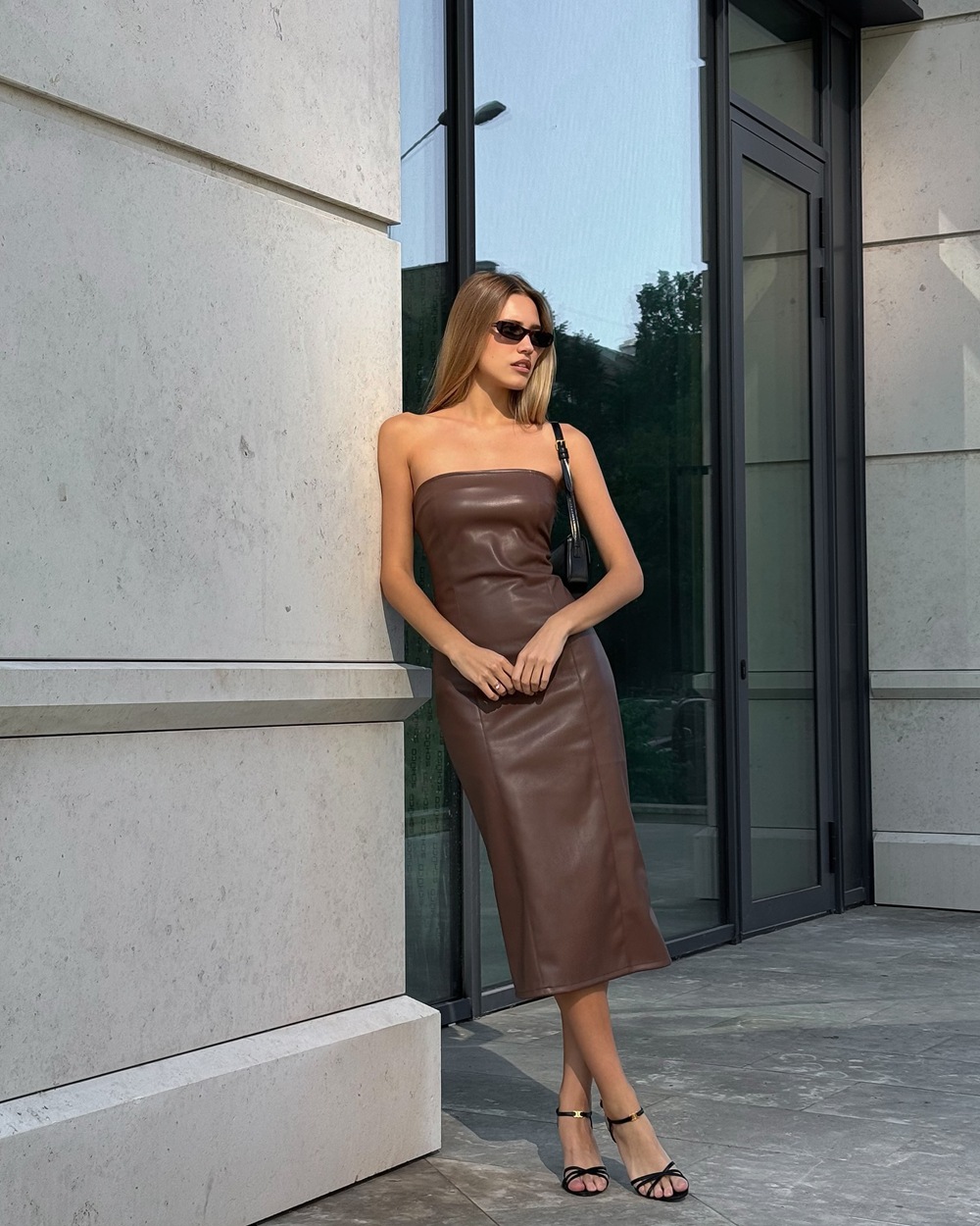 brown leather tube dress Faux Leather Tube Mini Dress